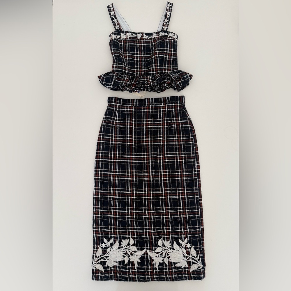 Nwt Fanm Mon Navy Plaid Tweed Ruffle Skirt Set